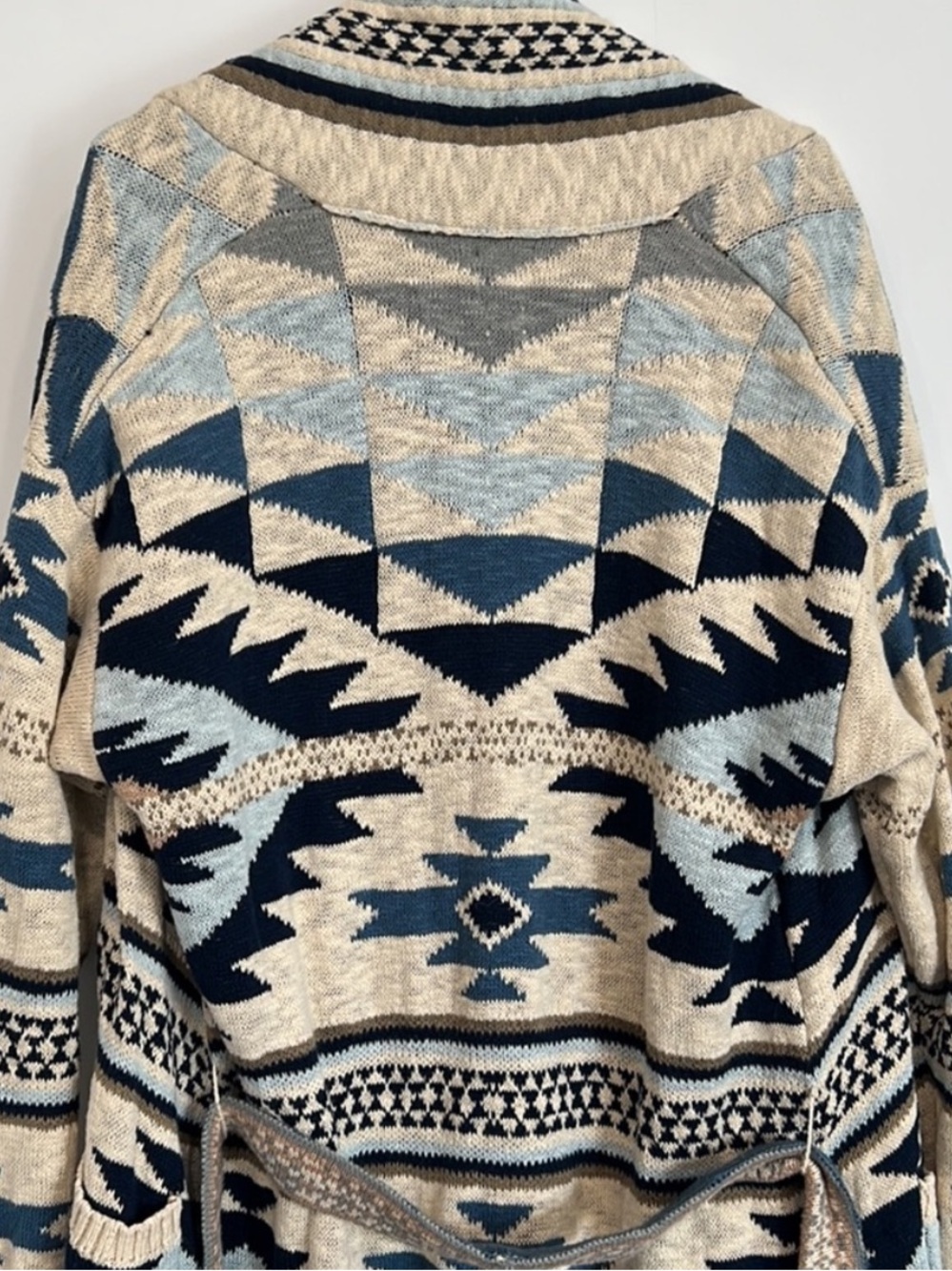 Faherty Cream and Blue Southwestern Knit Belted Cardigan - Picture 8 of 8